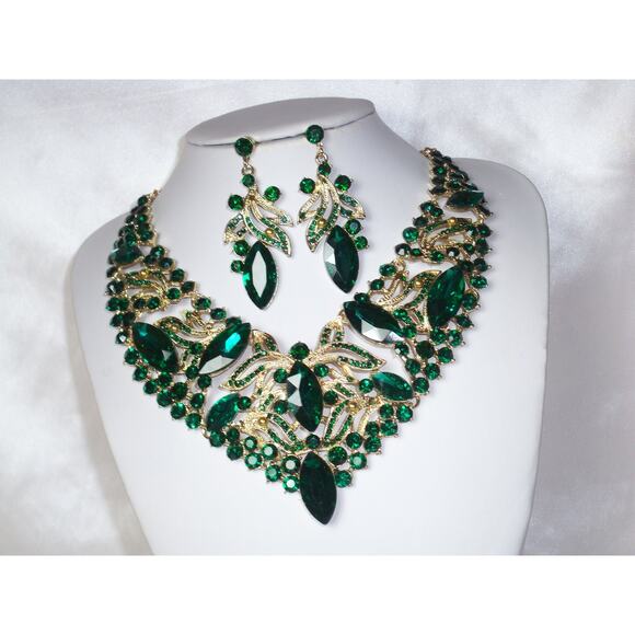 Green 2 pcs Statement Rhinestone Necklace Set, Bridal Party Drag Queen Necklace - Picture 3 of 8